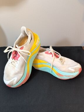 Hoka white blue shoe interior label